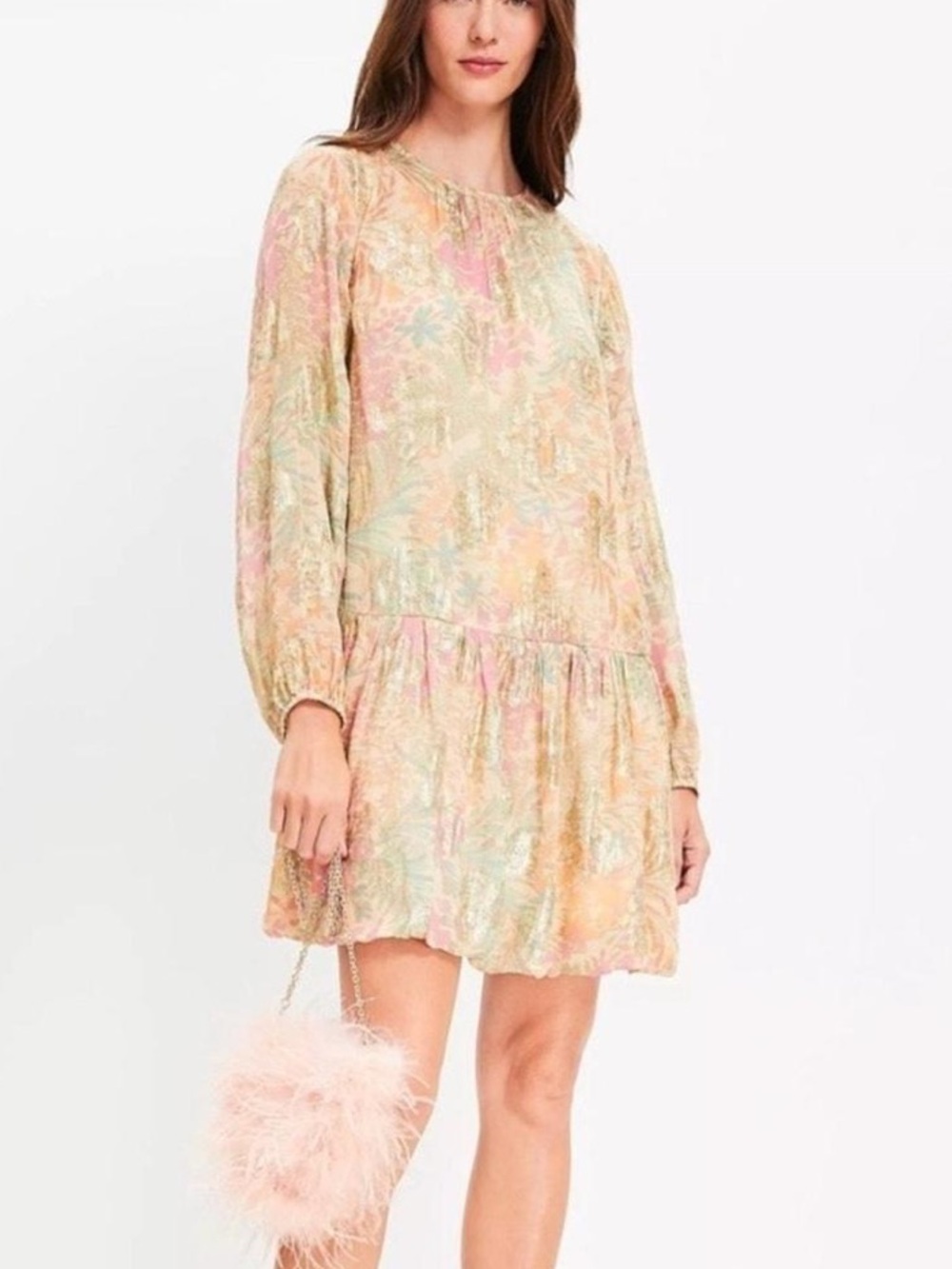 LOFT Shimmer Jacquard Mini Dress Tahini cottagecore